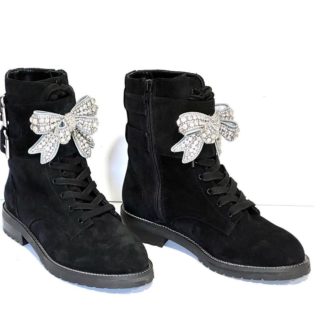 NWT Kurt Geiger Sutton Bow Suede Black Combat Ankle Boots Size 37 / 7